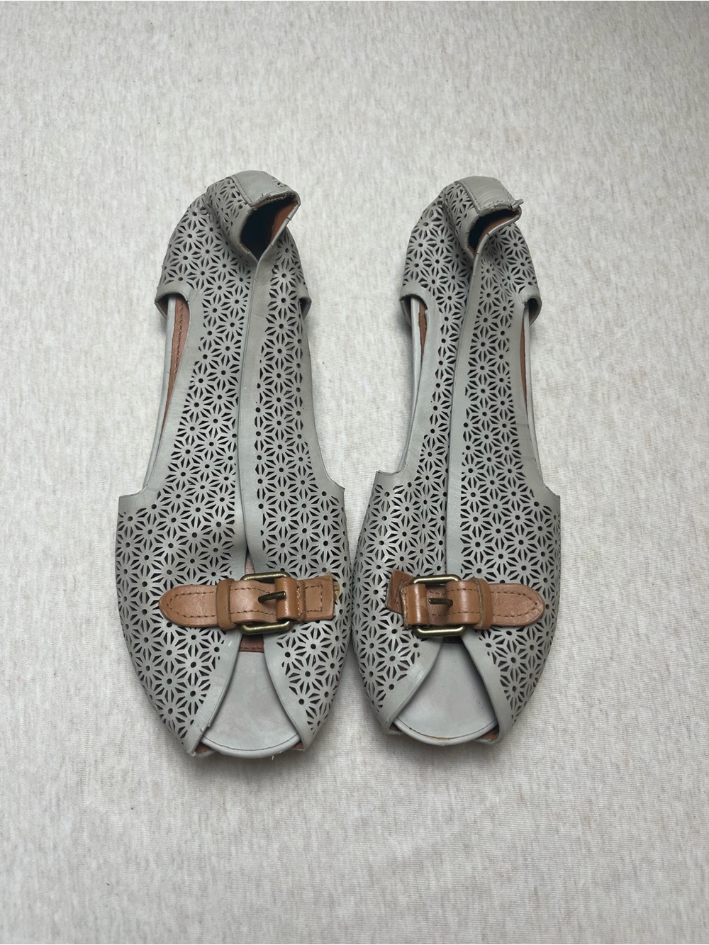 Gentle Souls Women's Gray Laser-Cut Peep-Toe Flats with Tan Buckle
